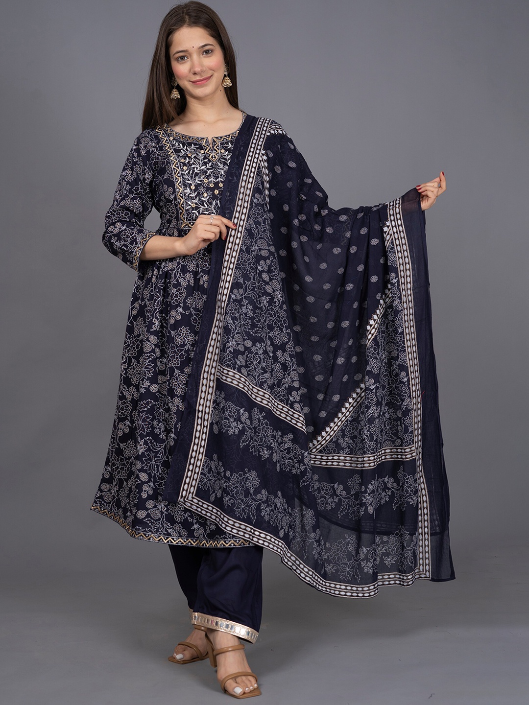 

SP DESIGNS Floral Printed Mirror Work Kurta With Trousers & Dupatta, Navy blue