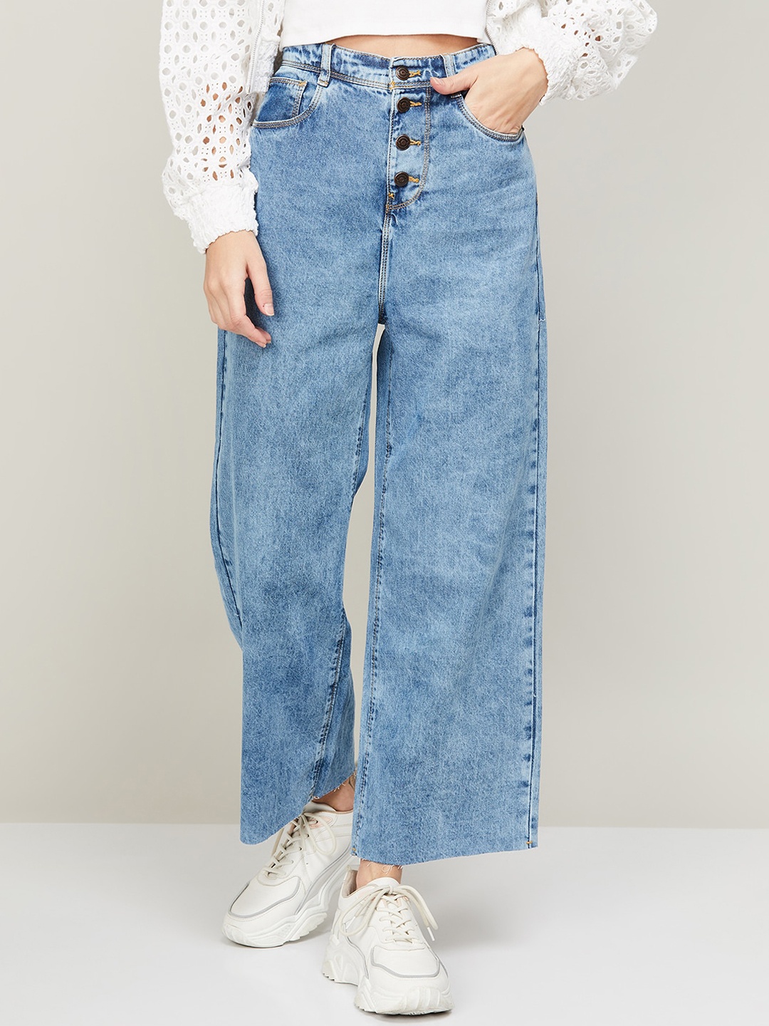 

Fame Forever by Lifestyle Women Heavy Fade Acid Wash Mid Rise Cotton Wide Leg Jeans, Blue