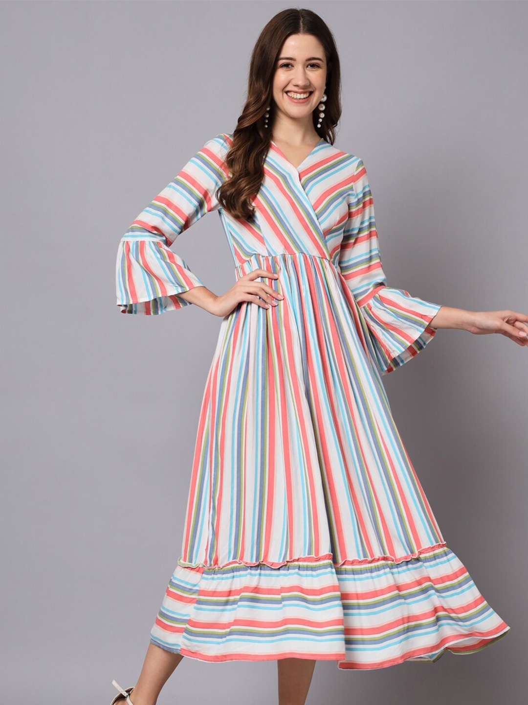 

The Dry State Striped Bell sleeves A-Line Midi Dress, White