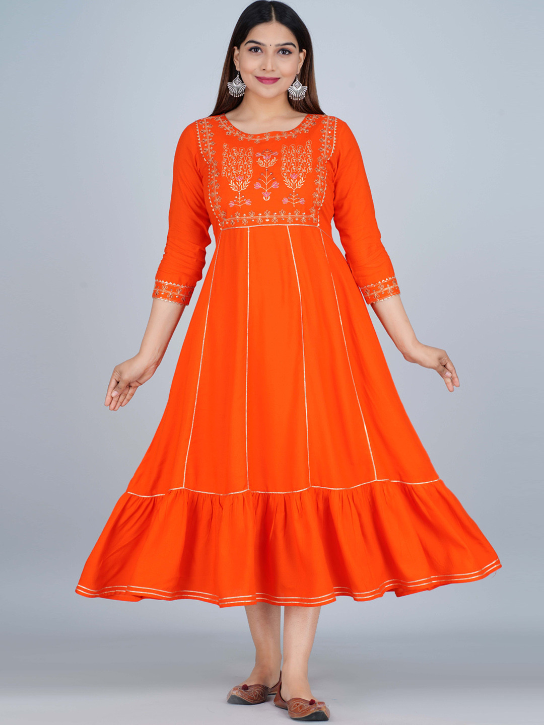 

KALINI Ethnic Motifs Yoke Design Thread Work Anarkali Kurta, Orange