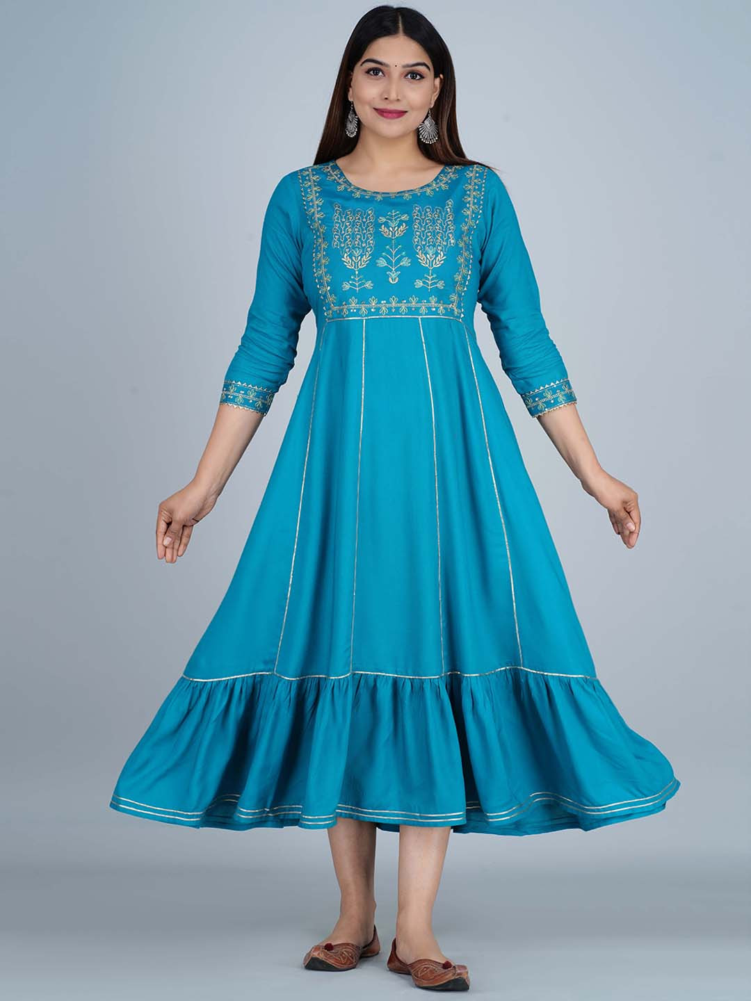 

KALINI Ethnic Motifs Yoke Design Thread Work Anarkali Kurta, Teal