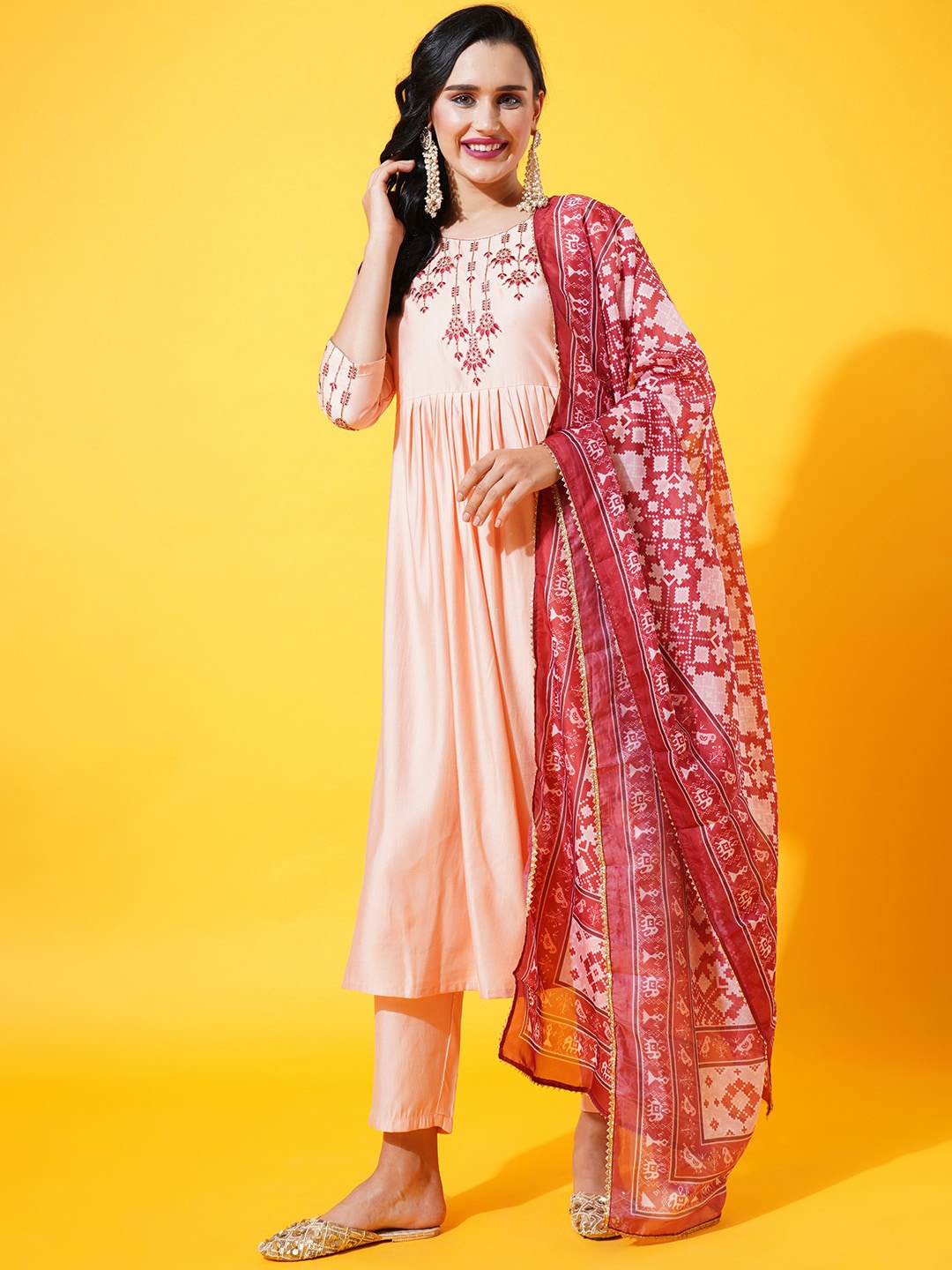 

HEEPOSH Embroidered Empire Kurta with Trousers & Dupatta, Peach