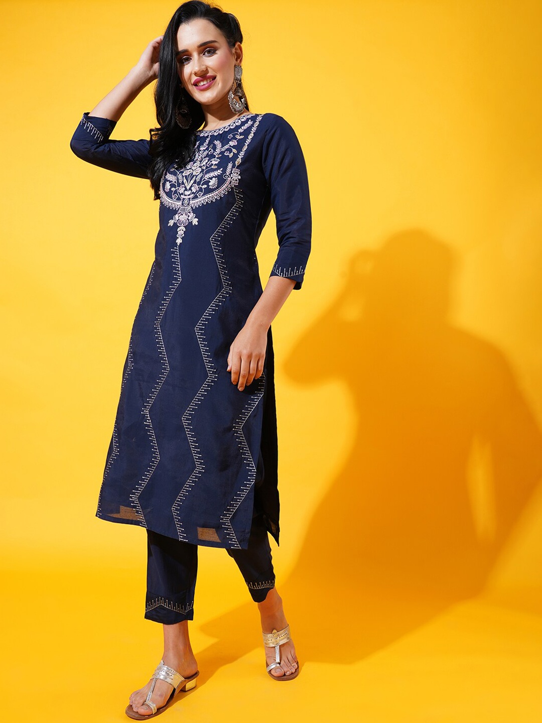 

HEEPOSH Women Embroidered Chanderi Silk Kurta with Trousers & Dupatta, Blue