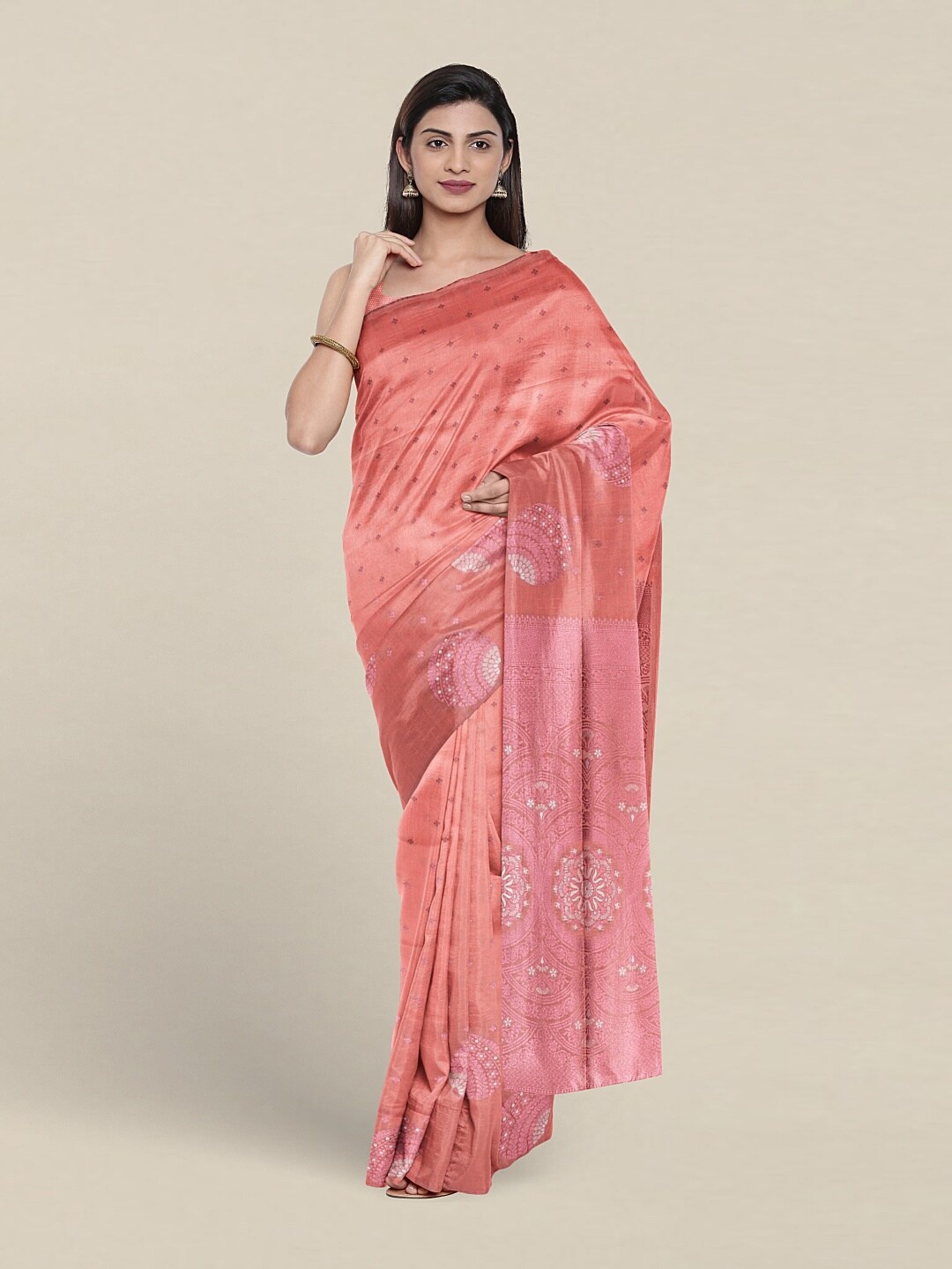 

Pothys Floral Woven Design Zari Art Silk Saree, Peach