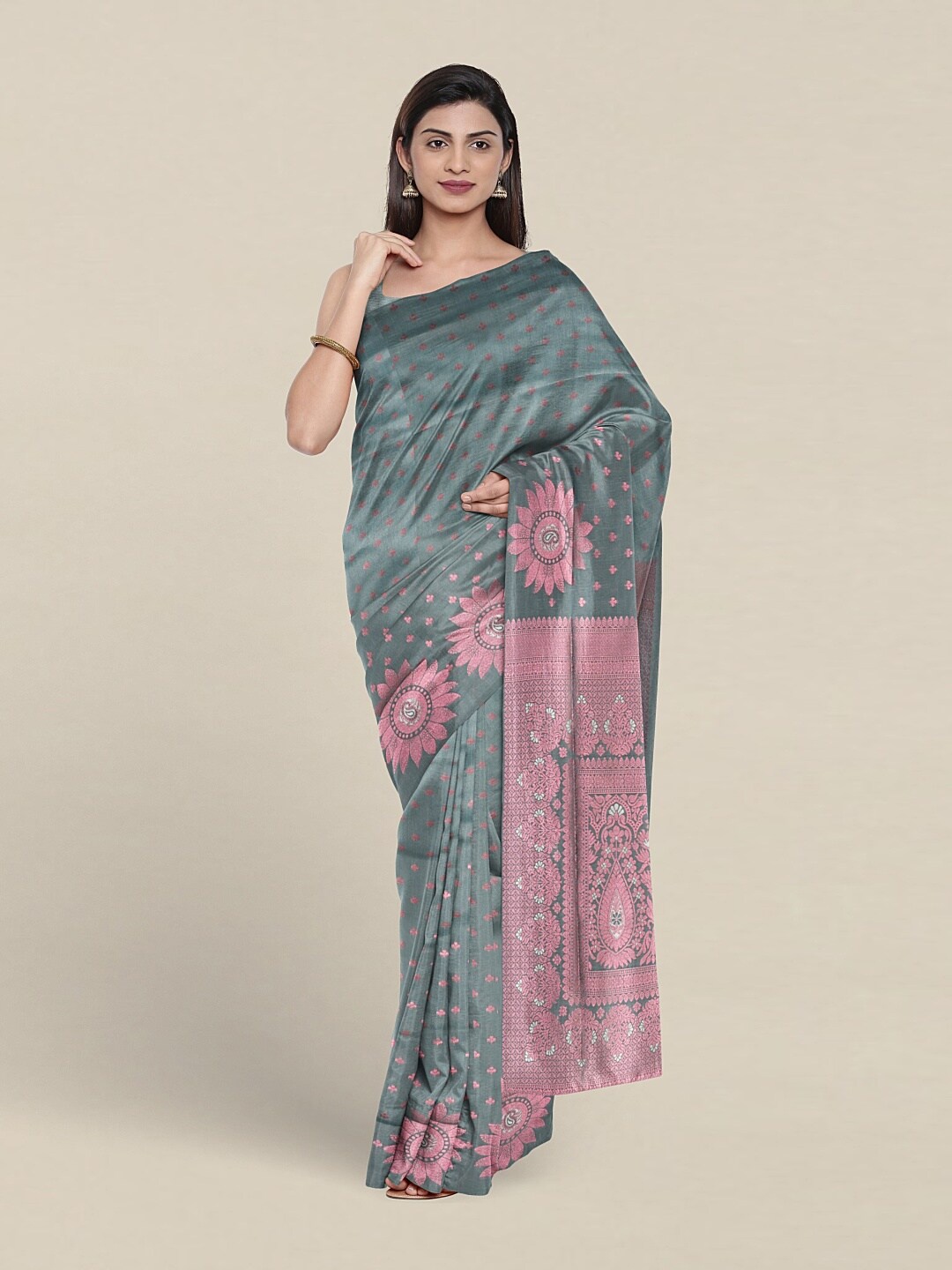 

Pothys Floral Woven Design Zari Art Silk Saree, Grey