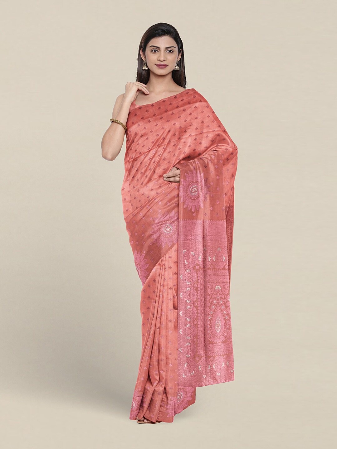

Pothys Floral Woven Design Zari Art Silk Saree, Peach