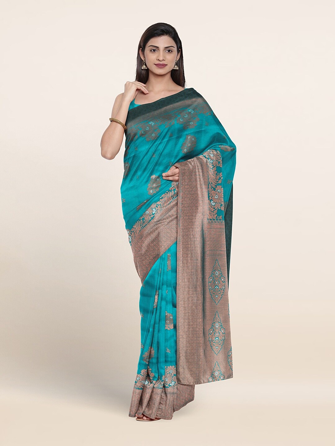 

Pothys Floral Motif Woven Design Zari Saree, Turquoise blue
