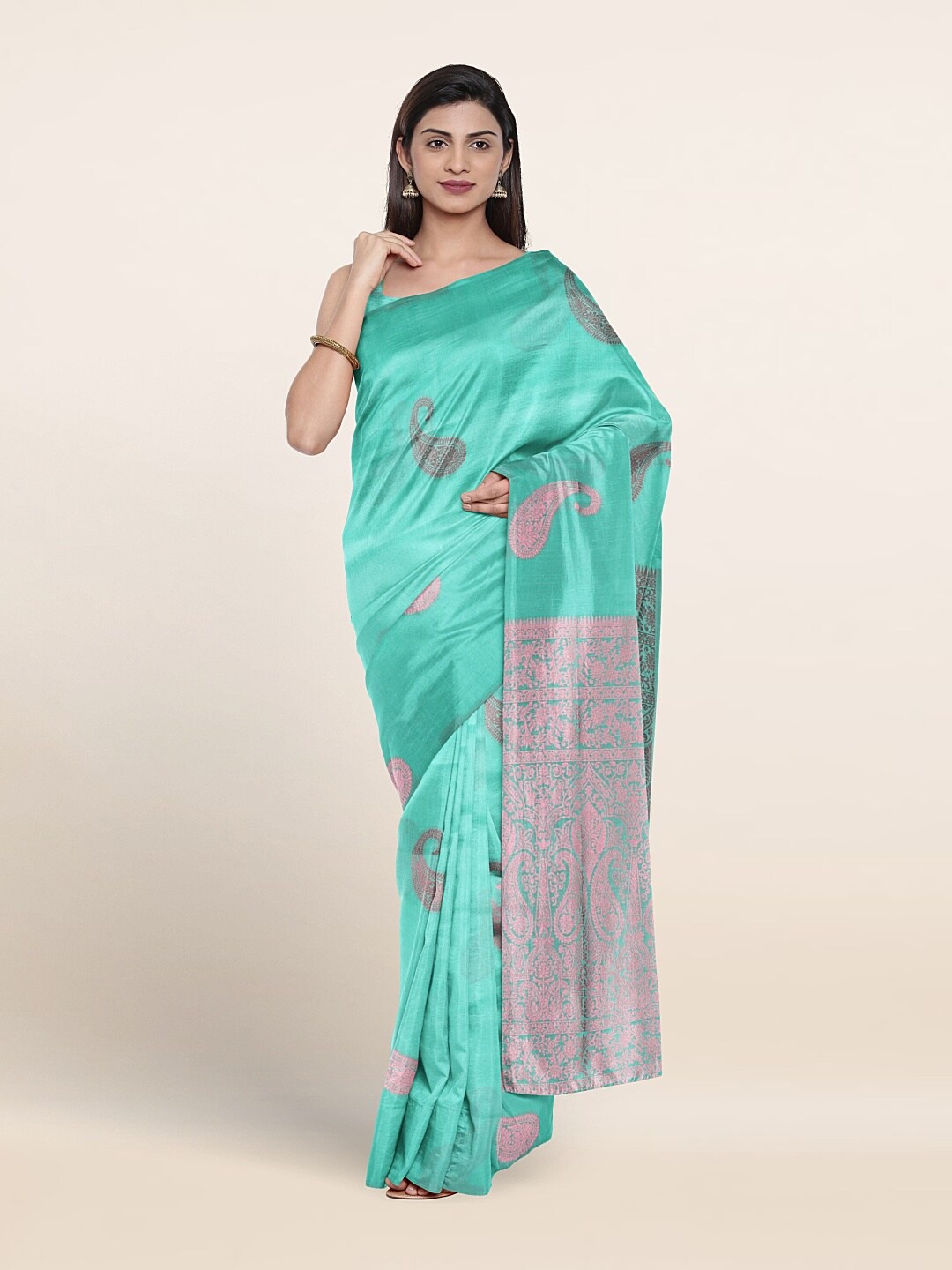 

Pothys Paisley Motif Woven Design Zari Saree, Green