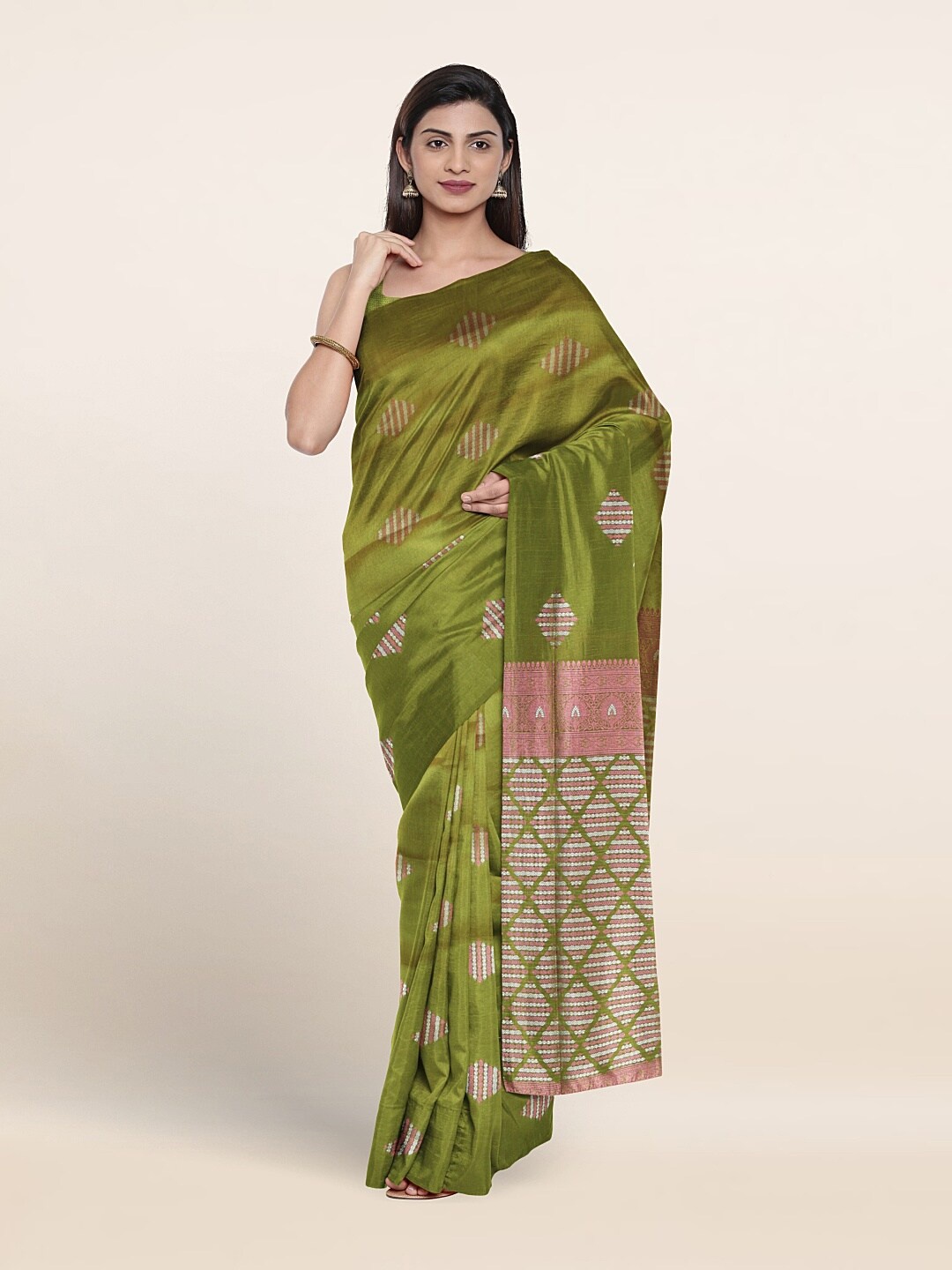 

Pothys Geometric Motif Woven Design Zari Saree, Green