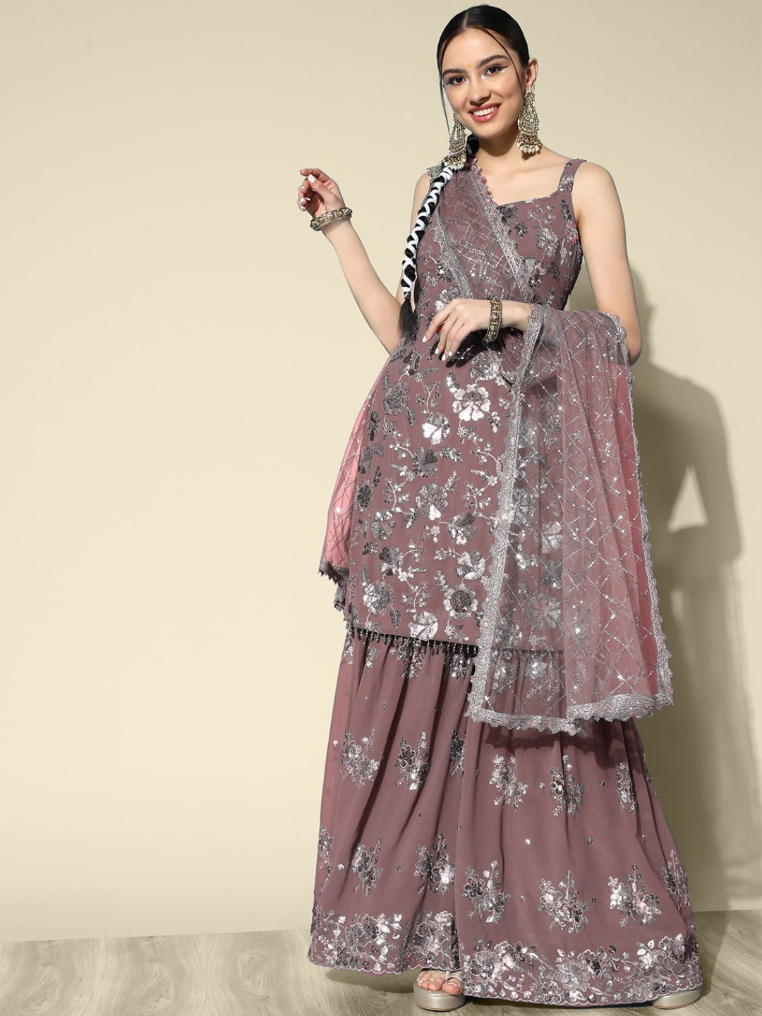 

Chhabra 555 Sequence Embellished Straight Kurta & Sharara With Net Embroiderd Dupatta, Mauve