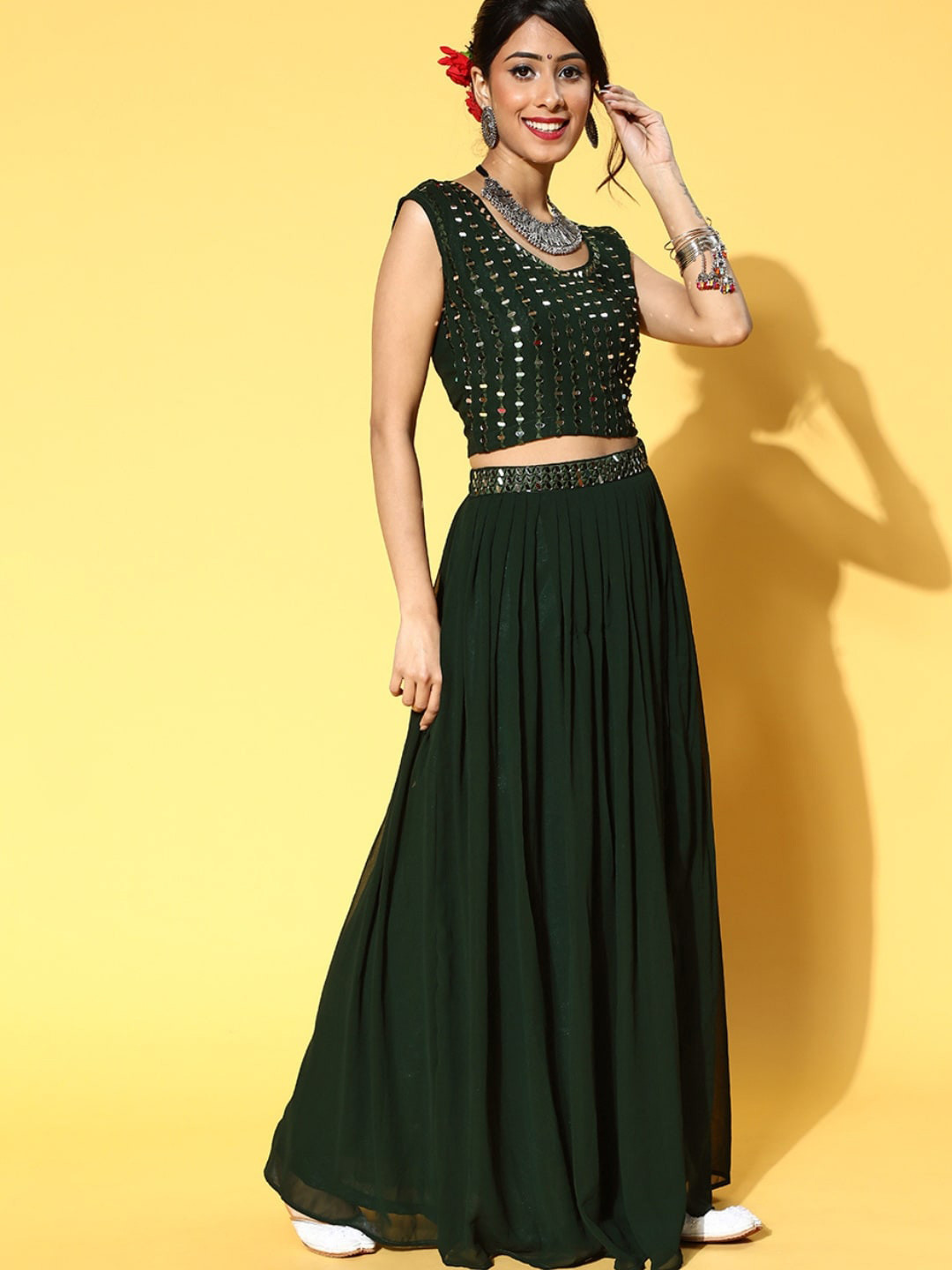

Chhabra 555 Mirror Work Embellished Crop Top With Skirt & Jacket, Green