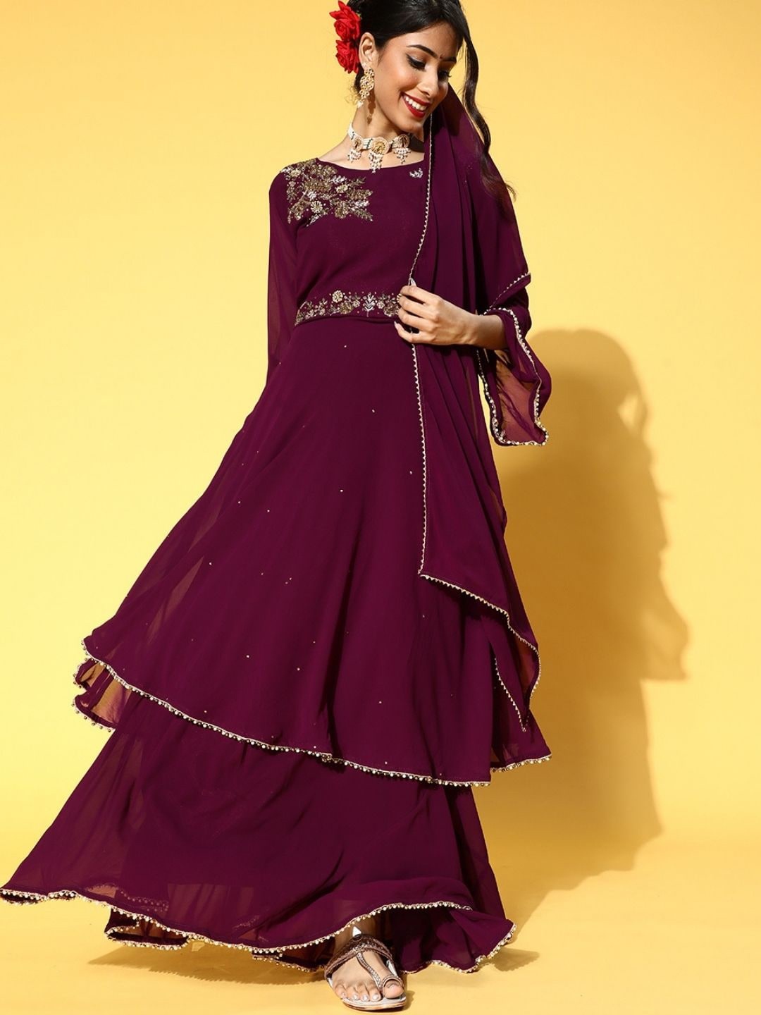 

Chhabra 555 Embellished Anarkali Kurta With Skirt & Dupatta, Purple