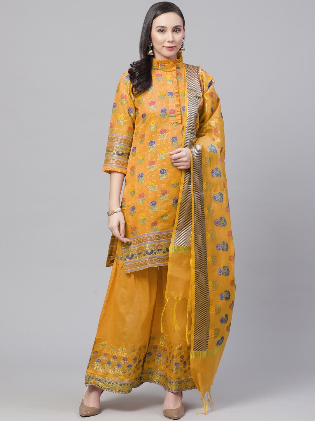 

Chhabra 555 Banarasi Woven-Design Kurta With Sharara & Zari Meenakari Floral Weaving Dupatta, Mustard