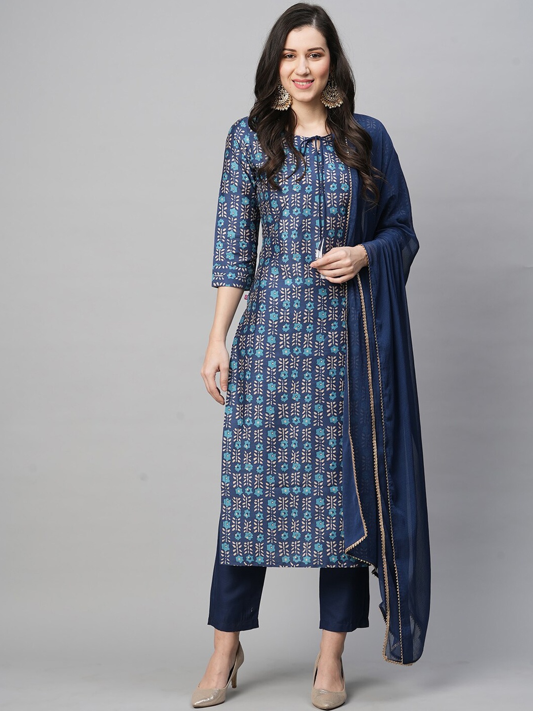 

KALINI Straight Ethnic Motifs Printed Kurta with Trousers & Dupatta, Blue