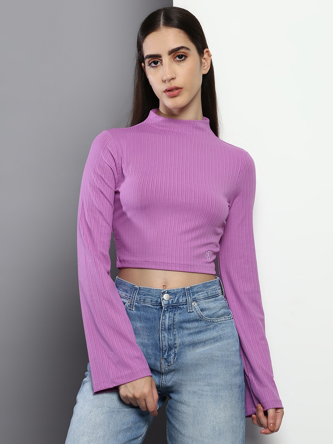 

Calvin Klein Jeans High Neck Flared Sleeves Striped Crop Top, Purple