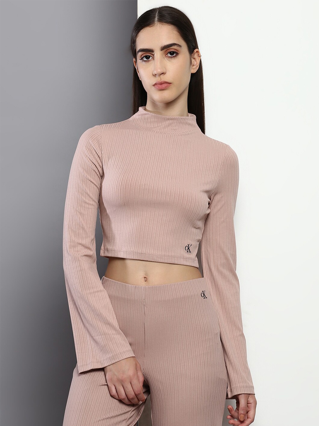 

Calvin Klein Jeans Self Design Flared Sleeves Fitted Crop Top, Pink