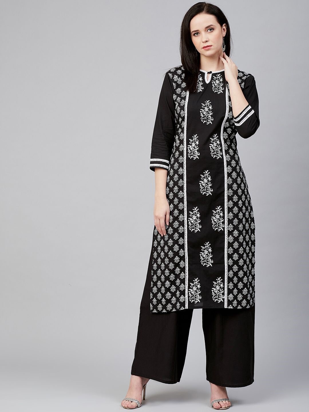 

Bhama Couture Ethnic Motifs Printed Kurta With Palazzos, Black
