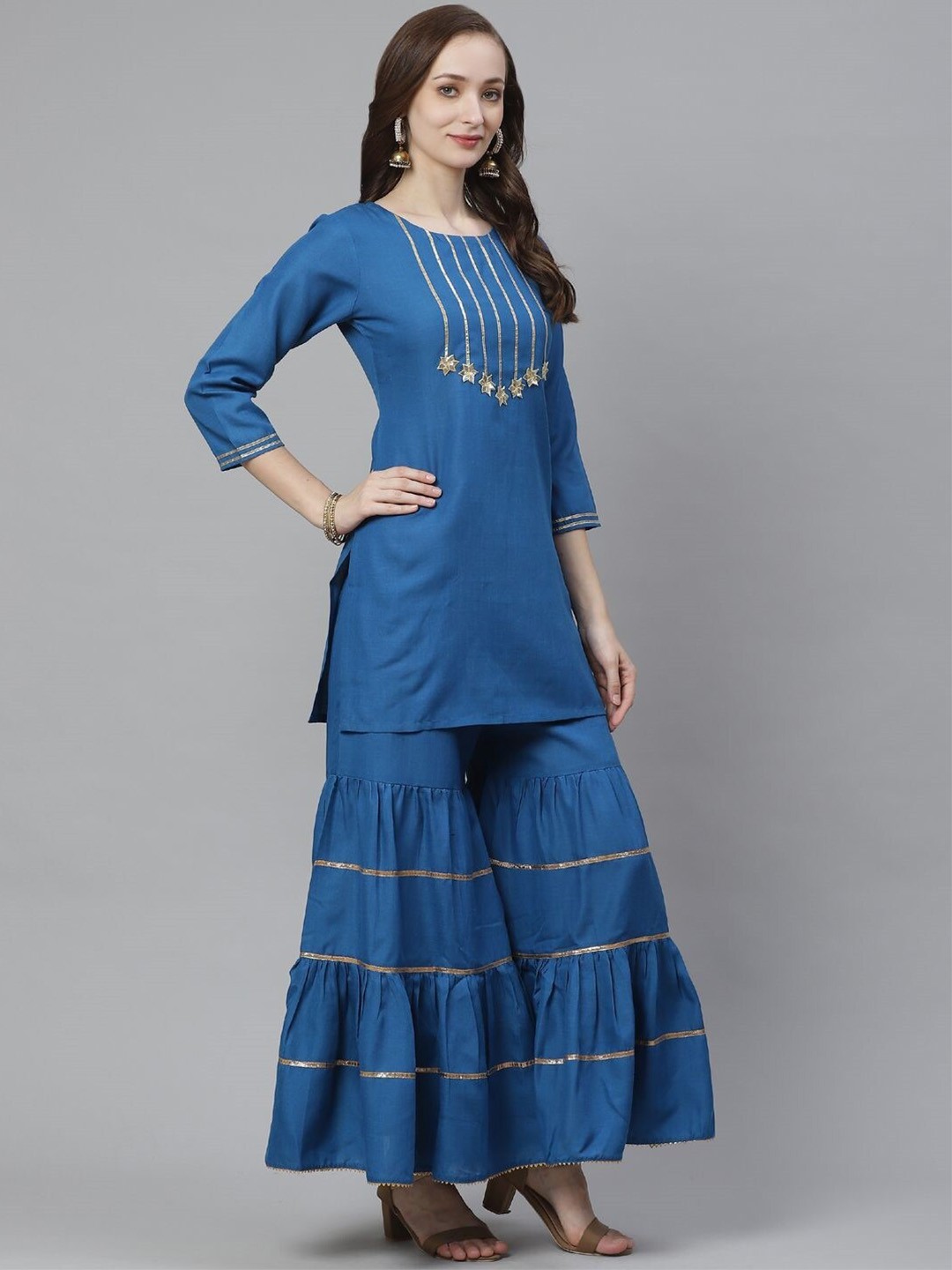 

Bhama Couture Round Neck Yoke Design Gotta Patti Straight Kurta With Sharara, Blue