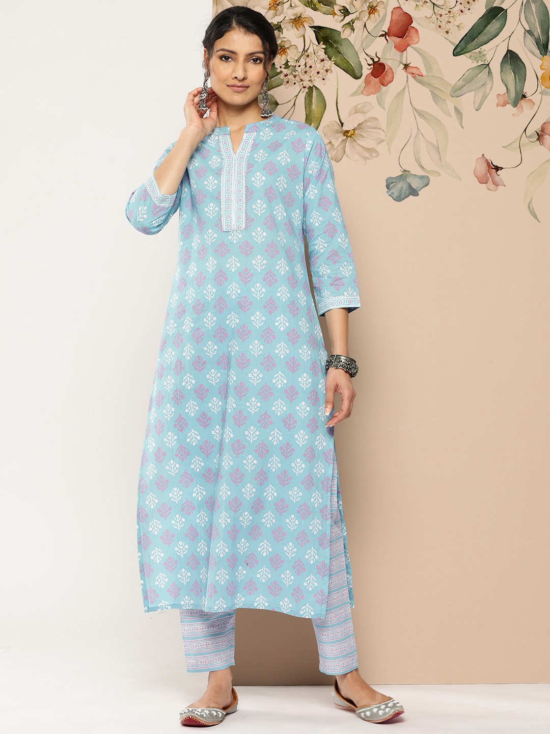 

Nayo Women Ethnic Motifs Printed Pure Cotton Kurta with Trousers, Blue
