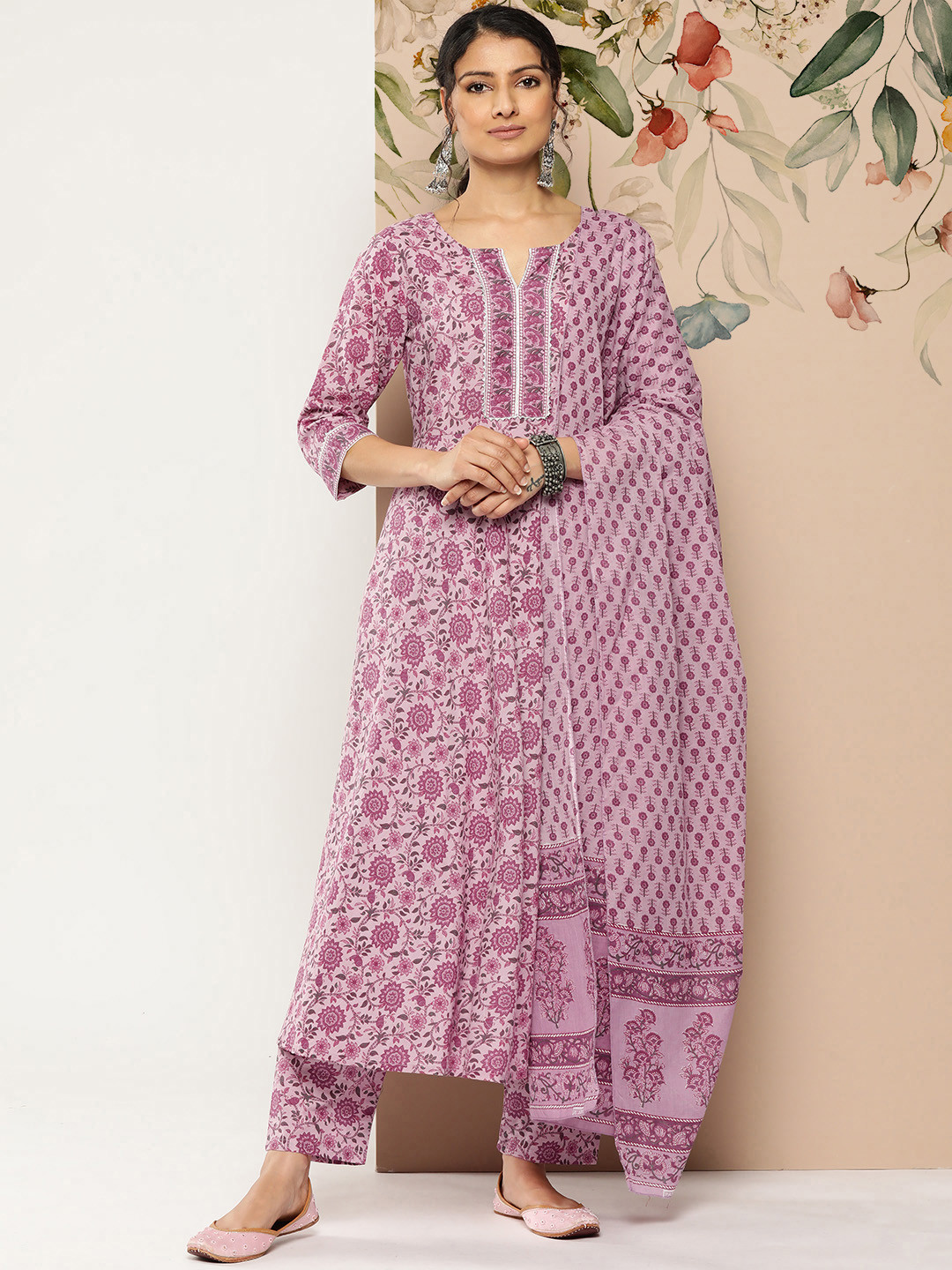 

Nayo Women Ethnic Motifs Printed Pure Cotton Kurta with Trousers & Dupatta, Pink