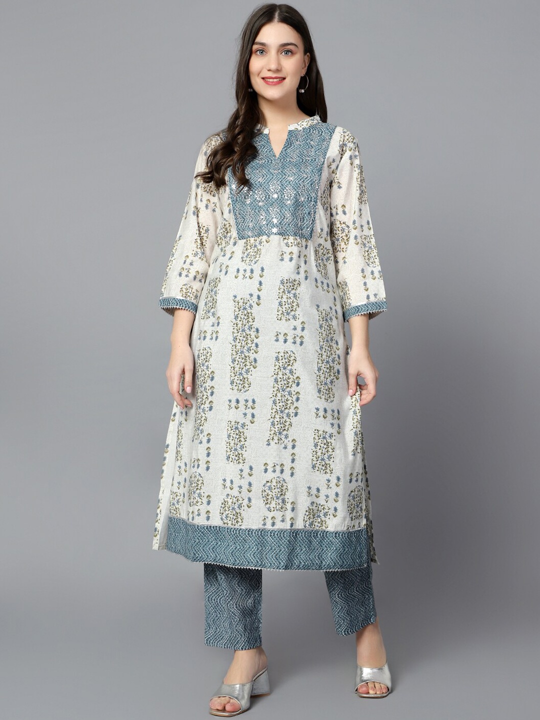 

Cantabil Floral Printed Sequinned Band Collar A-Line Kurta with Trousers, Grey