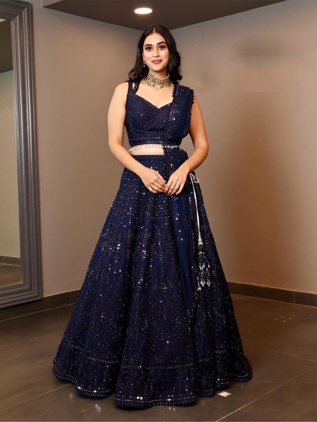 

Ethnic Yard Embellished Sequinned Semi-Stitched Lehenga & Unstitched Blouse With, Navy blue