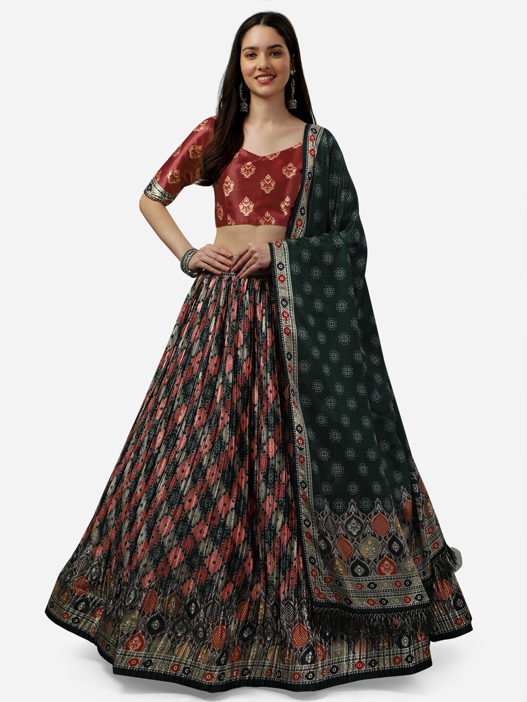 

Ethnic Yard Printed Satin Semi-Stitched Lehenga & Unstitched Blouse With Dupatta, Maroon