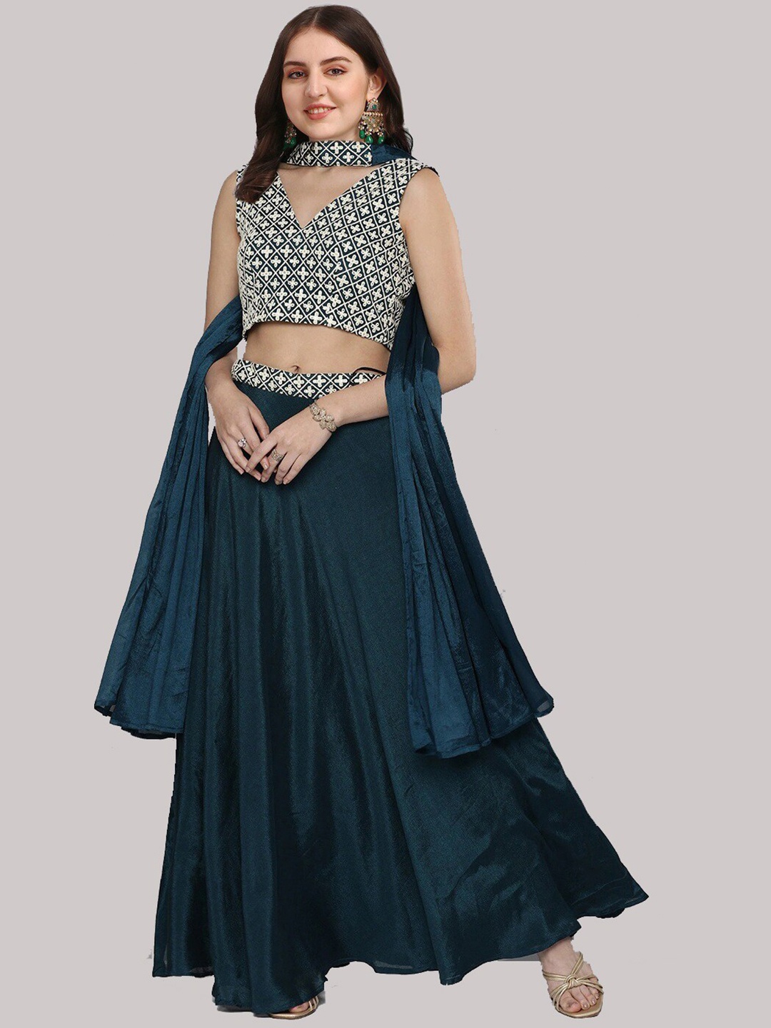 

Ethnic Yard Embroidered Unstitched Lehenga & Blouse With Dupatta, Teal