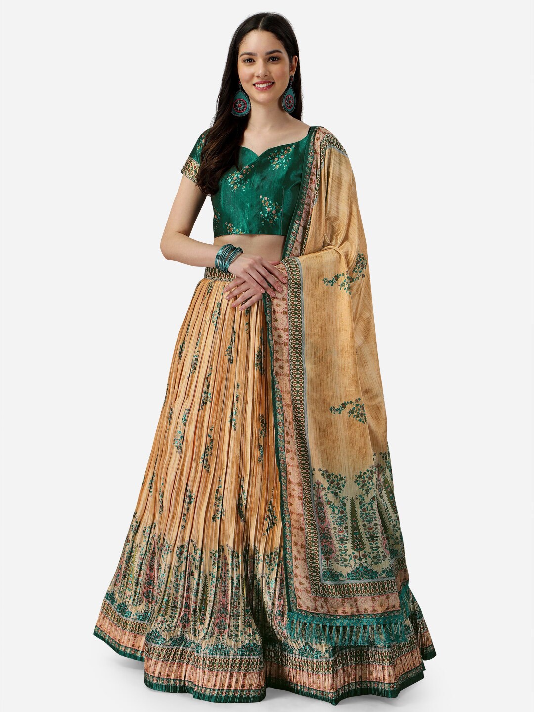 

Ethnic Yard Printed Satin Semi-Stitched Lehenga & Unstitched Blouse With Dupatta, Green