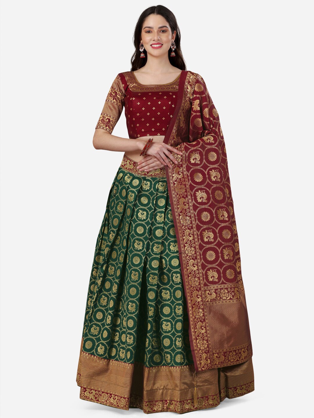 

Ethnic Yard Woven Design Silk Unstitched Lehenga & Blouse With Dupatta, Maroon