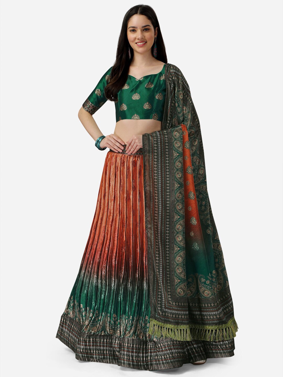 

Ethnic Yard Printed Semi-Stitched Lehenga & Unstitched Blouse With Dupatta, Green