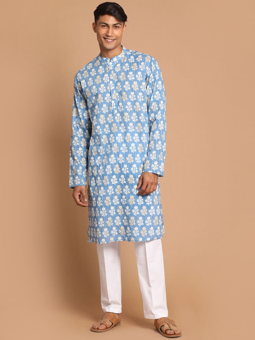 

VASTRAMAY Ethnic Motifs Printed Thread Work Pure Cotton Sustainable Kurta with Pyjamas, Blue