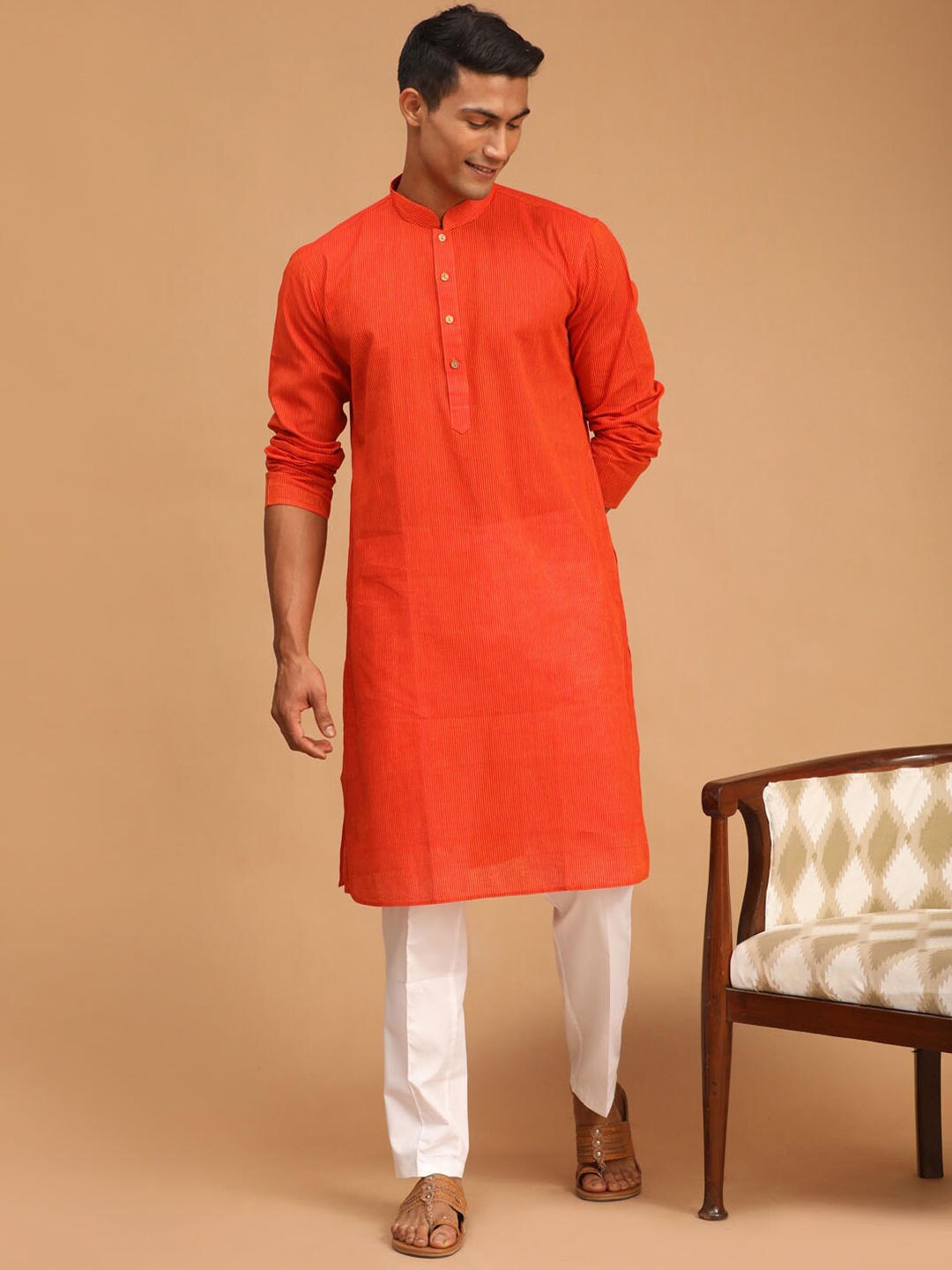 

SHVAAS by VASTRAMAY Striped Pure Cotton Sustainable Kurta With Pyjamas, Red