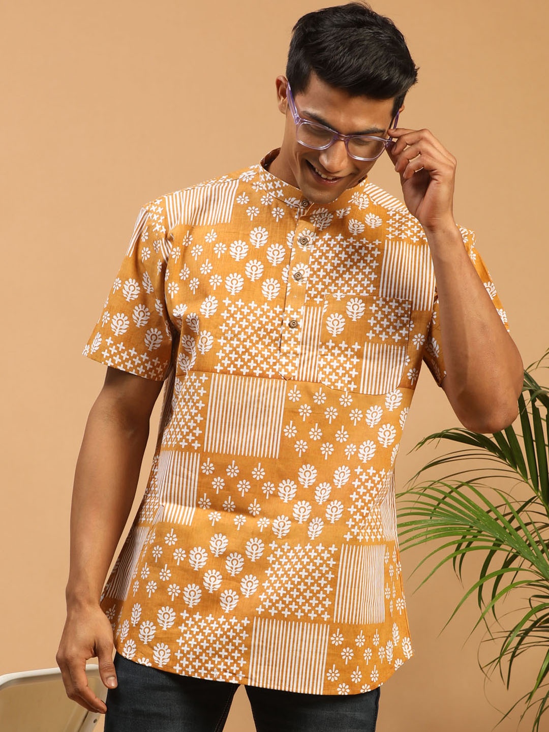 

VASTRAMAY Band Collar Floral Printed Cotton Sustainable Kurta, Mustard