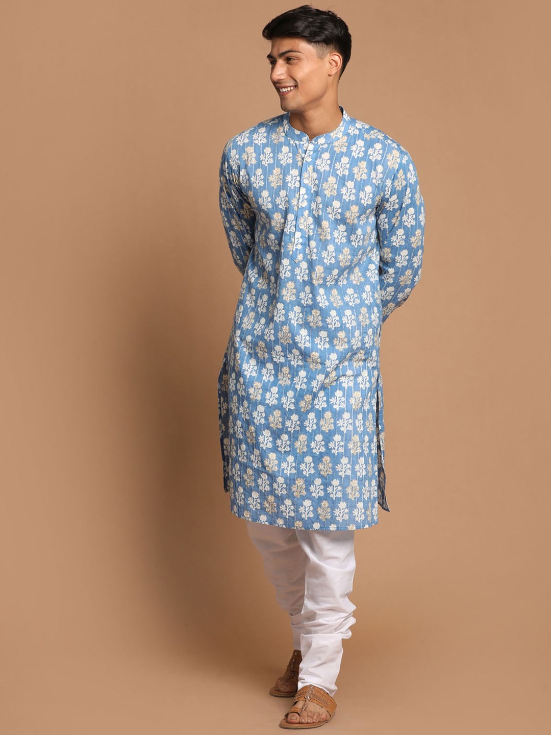 

VASTRAMAY Ethnic Motifs Printed Pure Cotton Kurta with Churidar, Blue