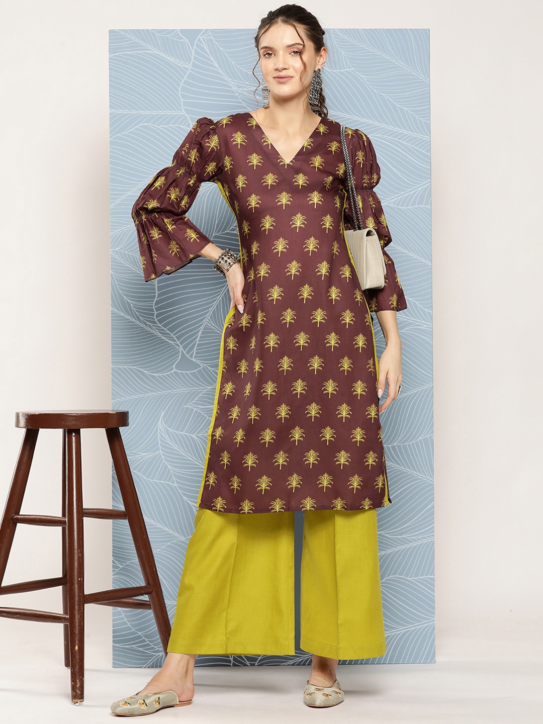 

Inddus Women Ethnic Motifs Printed Kurta with Palazzos, Brown