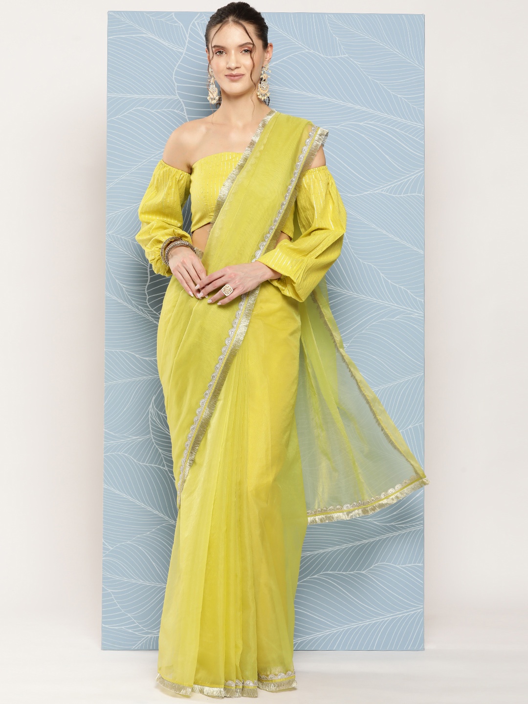 

Inddus Fluorescent Green Organza Saree, Lime green