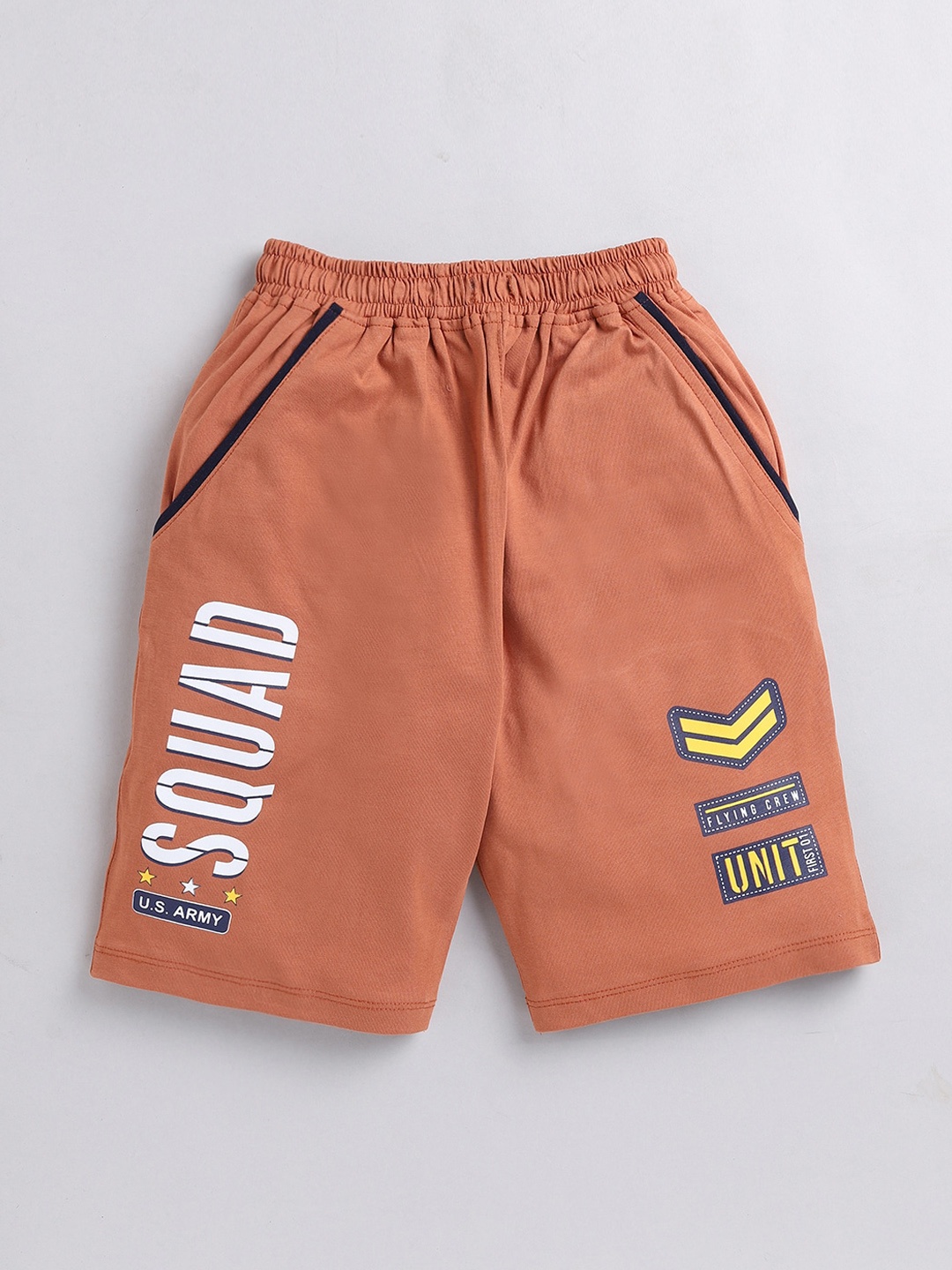 

Nottie Planet Boys Typography Printed Mid Rise Pure Cotton Shorts, Camel brown