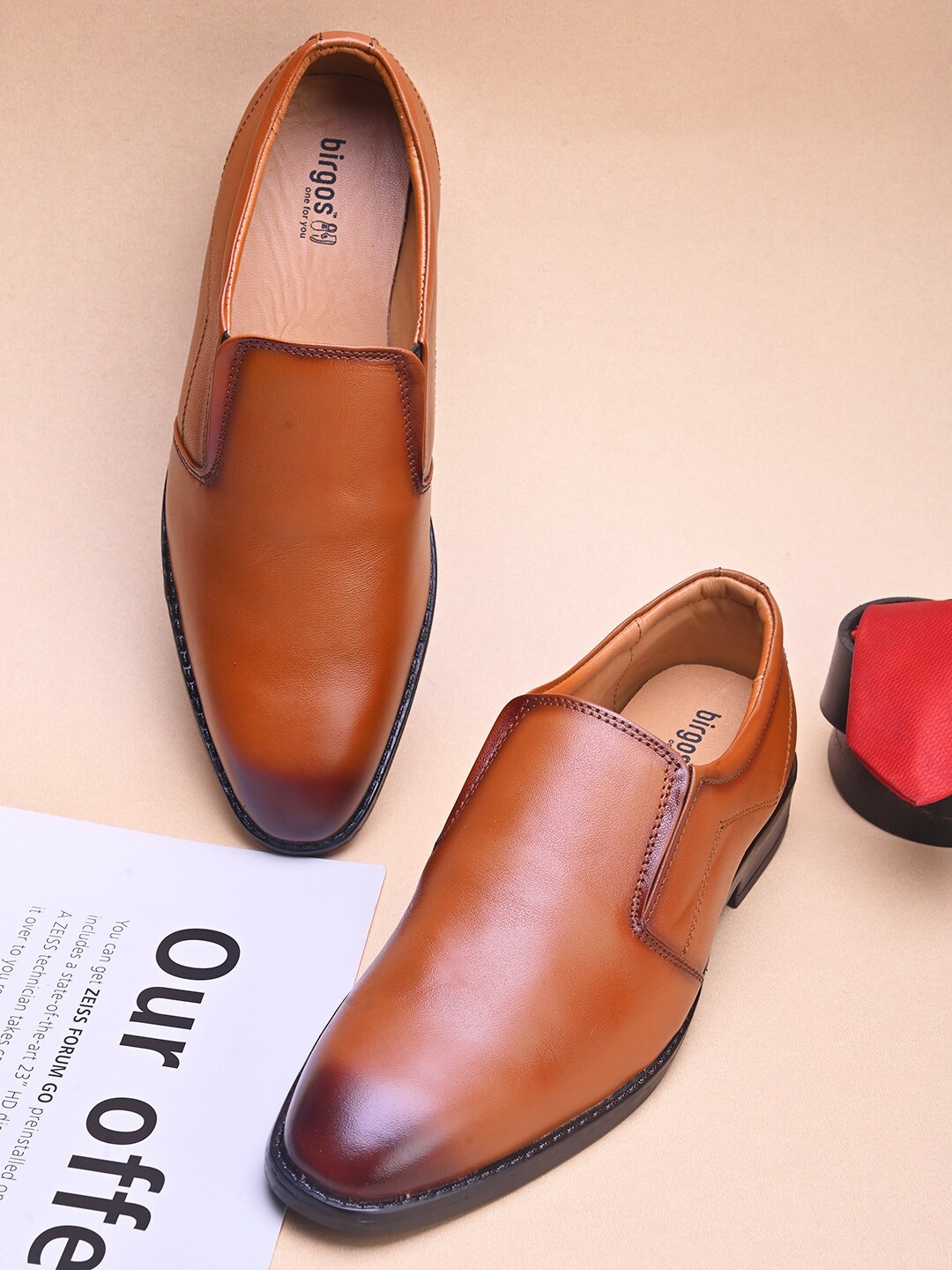 

birgos Men Pure Leather Formal Slip-on Shoes, Tan