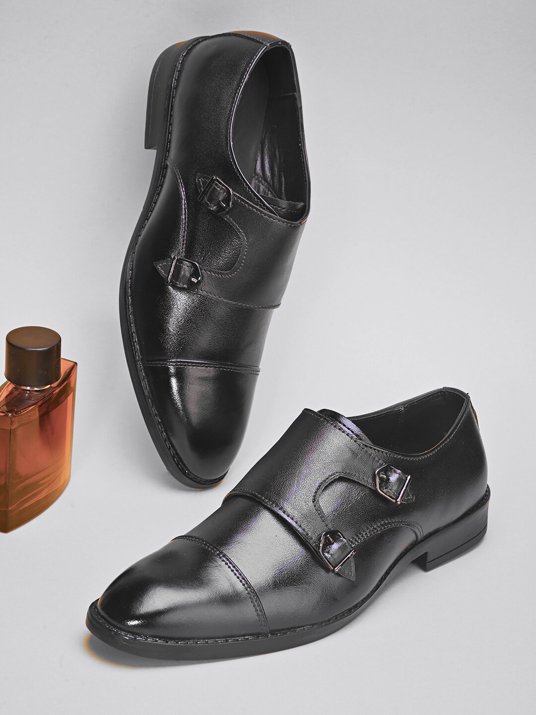 

birgos Men Textured Leather Formal Monk Shoes, Black