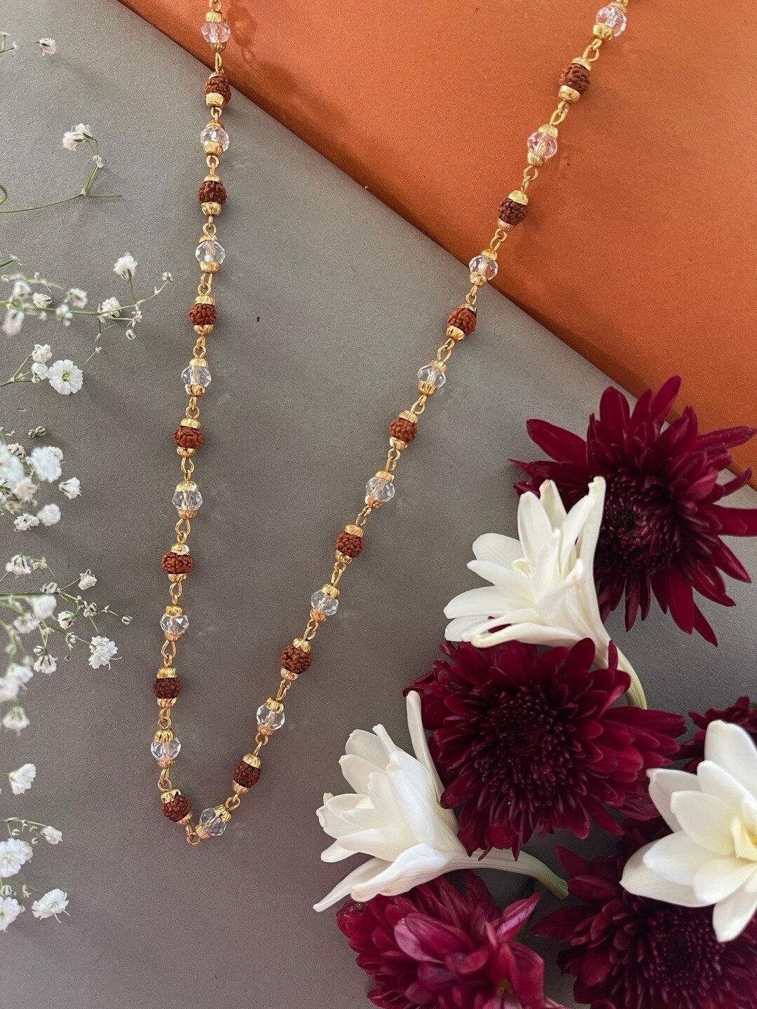 

Digital Dress Room Men Gold-Plated Crystal Beaded Rudraksha Chain, Brown
