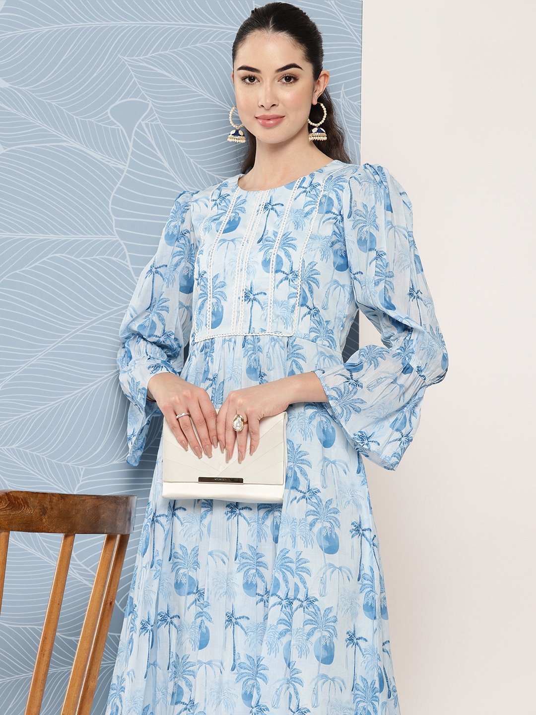 

Inddus Floral Printed Bell Sleeves Midi Ethnic Dress With Lace Detail, Blue
