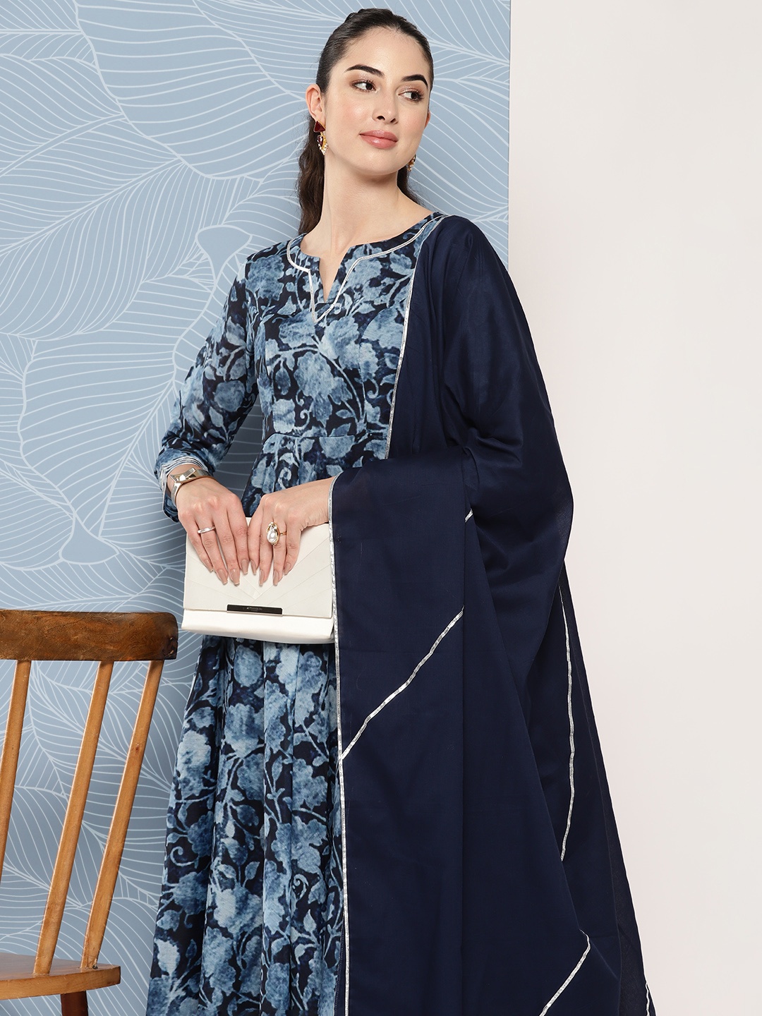 

Inddus Floral Printed Gotta Patti Chanderi Cotton Kurta With Trousers & Dupatta, Navy blue