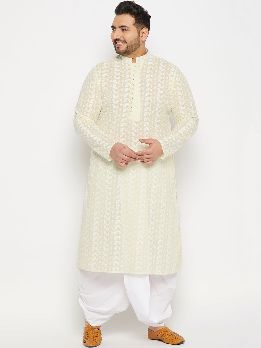 

VASTRAMAY Plus Size Paisley Embroidered Chikankari Pure Cotton Kurta with Dhoti Pants, Yellow