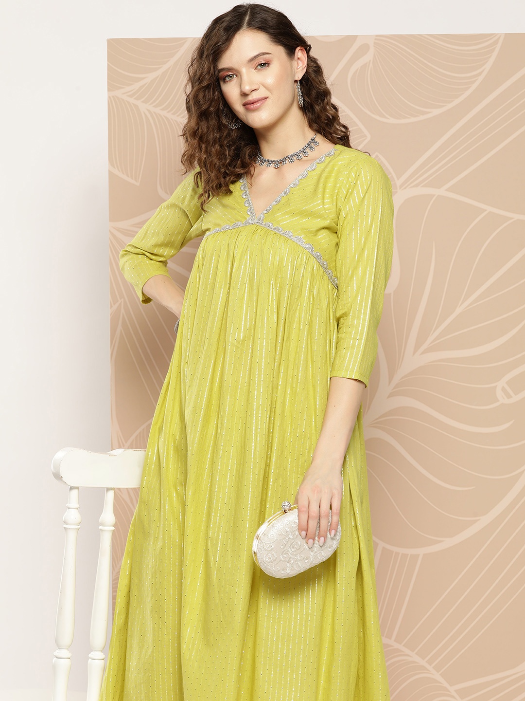 

Inddus Empire Sequinned Pure Cotton Kurta With Trousers, Lime green