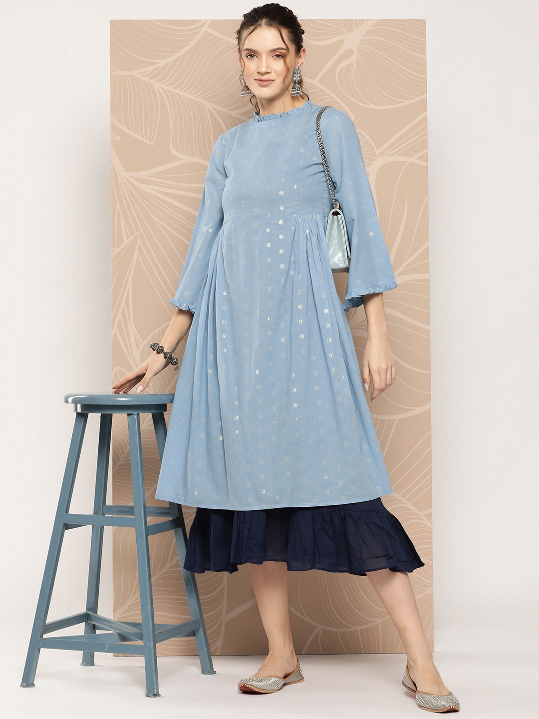 

Inddus Embroidered A-Line Cotton Midi Dress with Inner, Turquoise blue