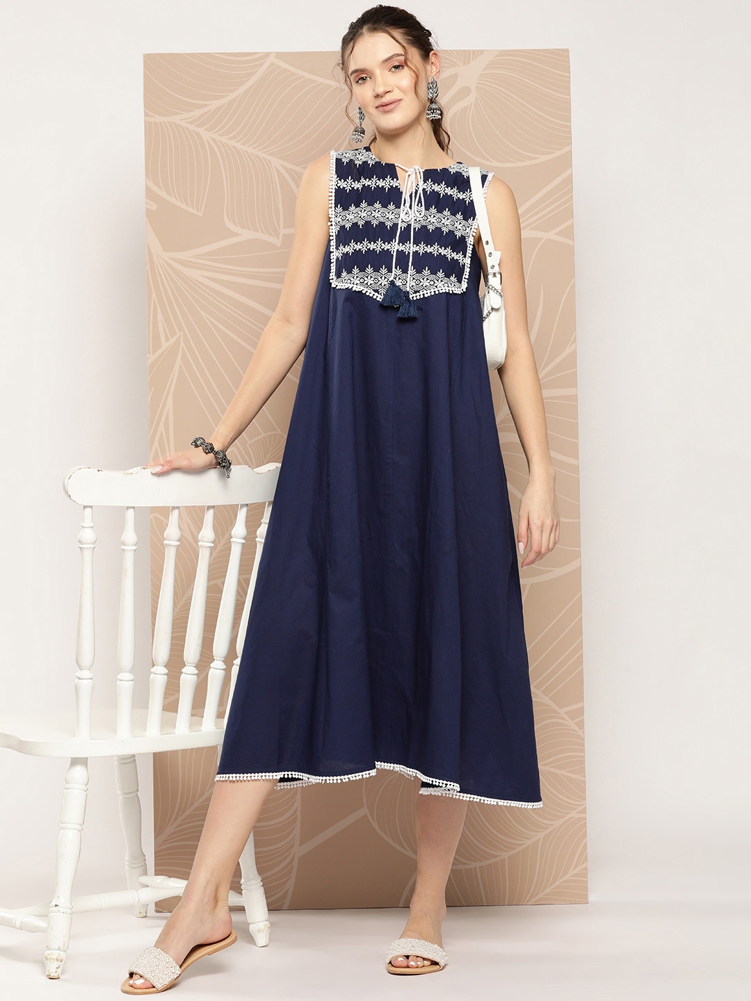 

Inddus Ethnic Motifs Embroidered Cotton A-Line Midi Dress, Navy blue