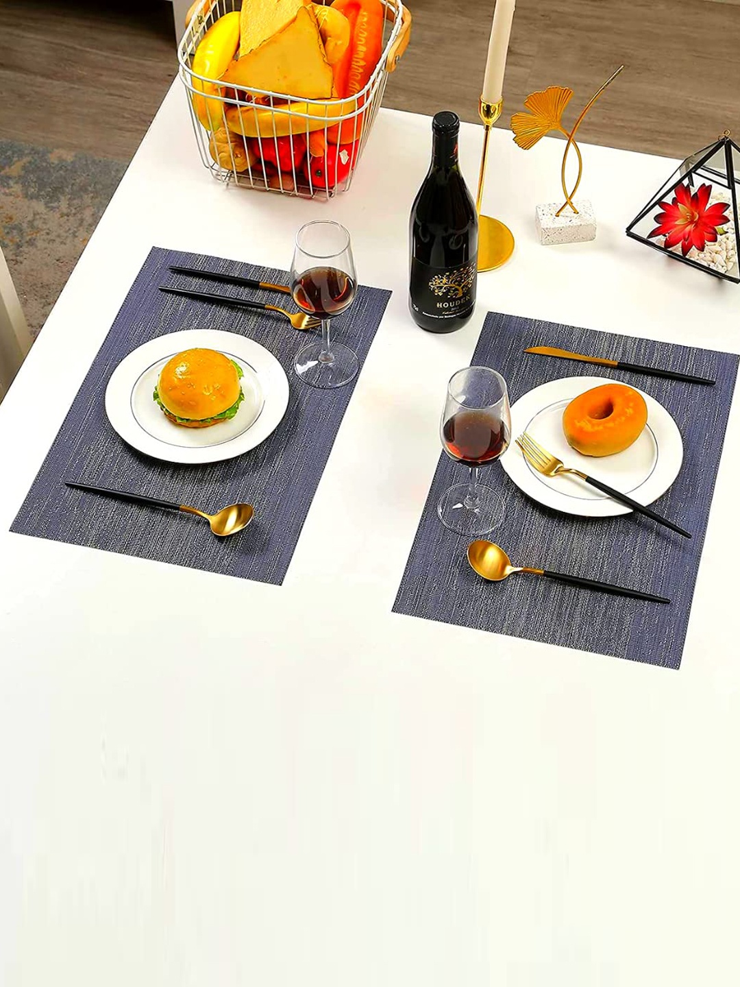 

royalkart Blue & Grey 7 Pcs Striped Rectangle Water Resistant Table Placemats and Runner