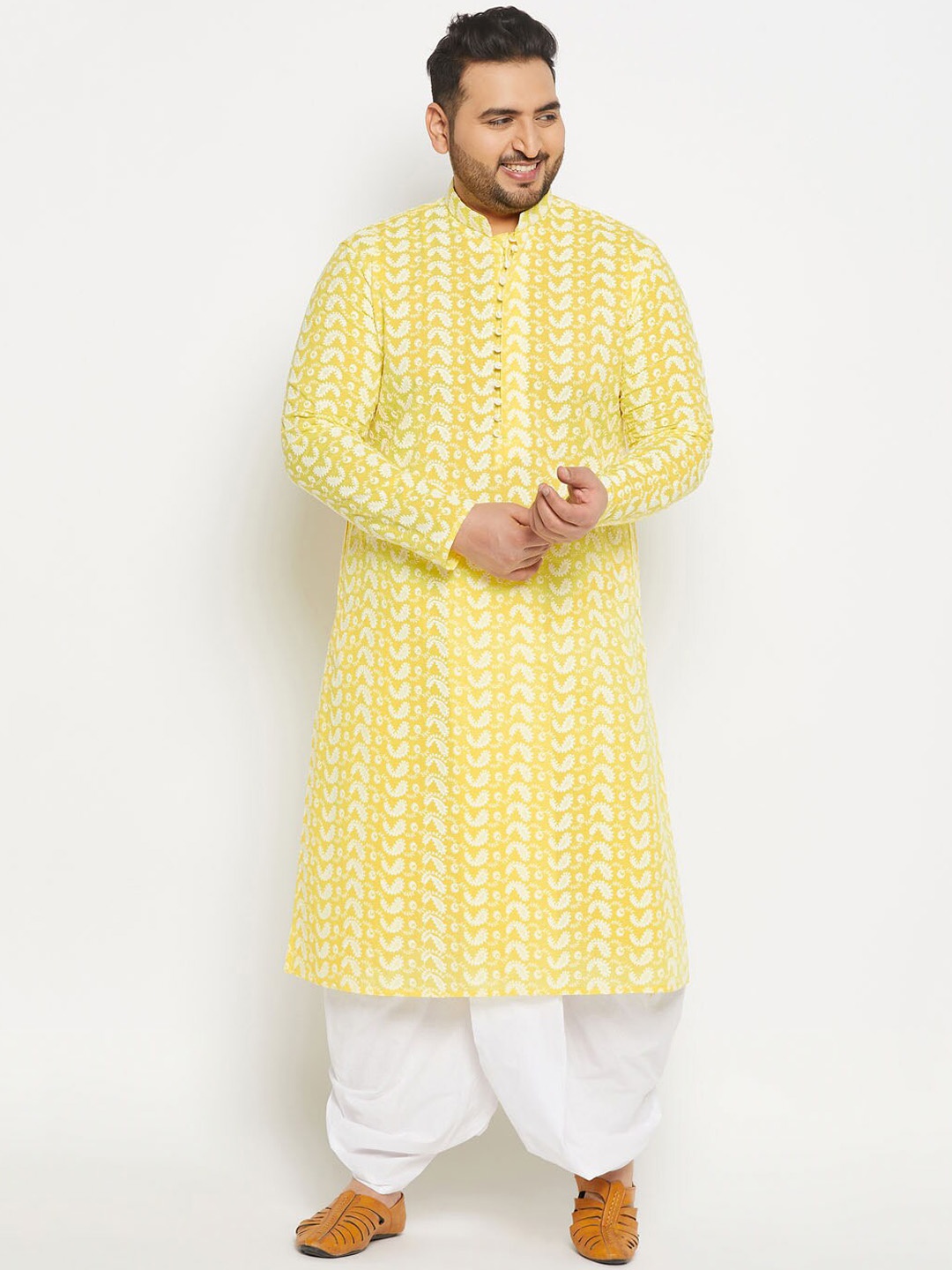 

VASTRAMAY Paisley Embroidered Plus Size Chikankari Pure Cotton Kurta with Dhoti Pants, Mustard