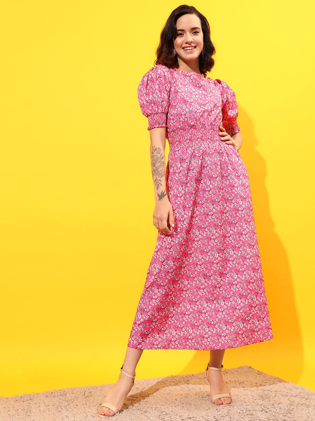 

STREET 9 Floral Printed Puff Sleeves A-Line Dress, Pink